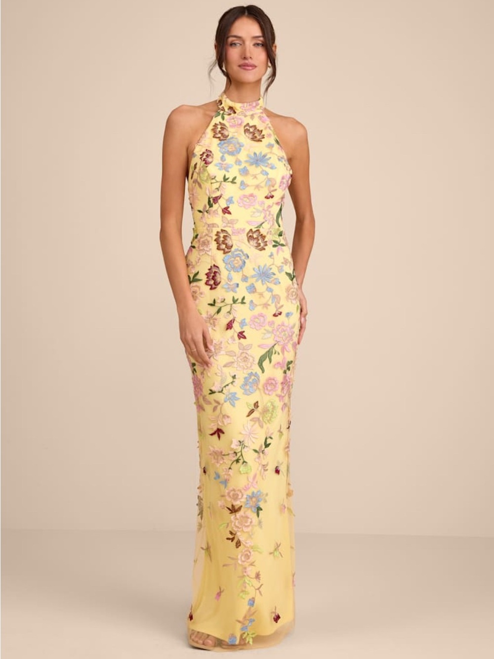 Lulus Floral Embroidered Halter Evening Gown